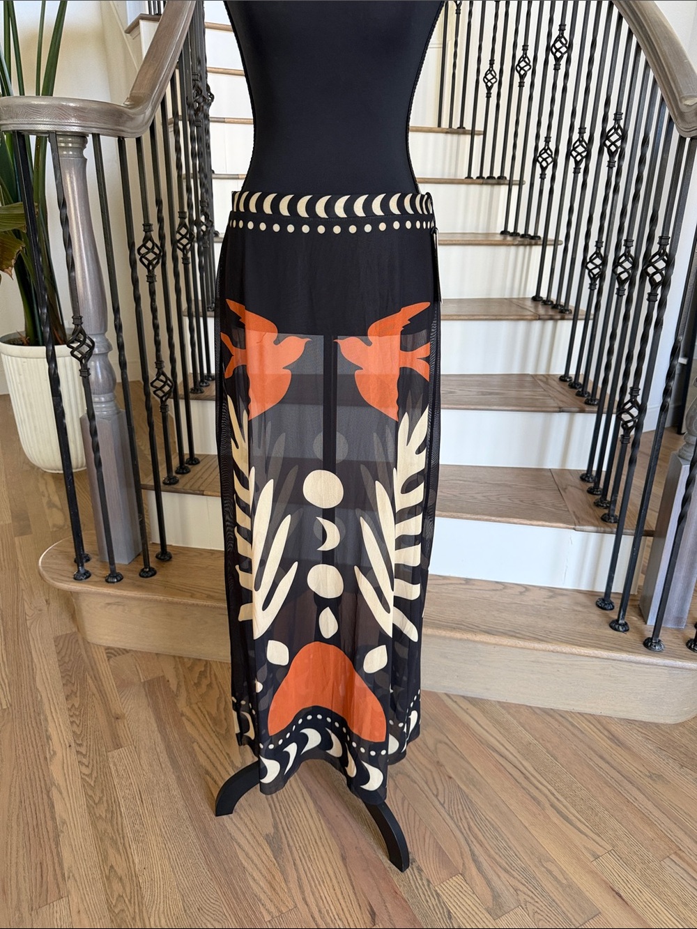 NWT Commense Waist Black Mesh Maxi Skirt with Orange & Cream Graphic Print (L)